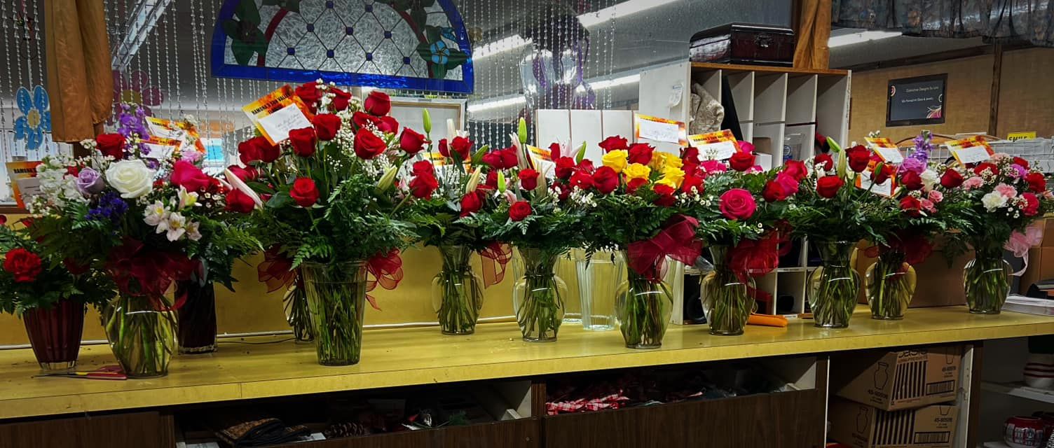 Arrangements lined up in the shop